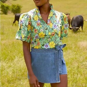 Floral Puff Sleeve Blouse - Green Multicolor